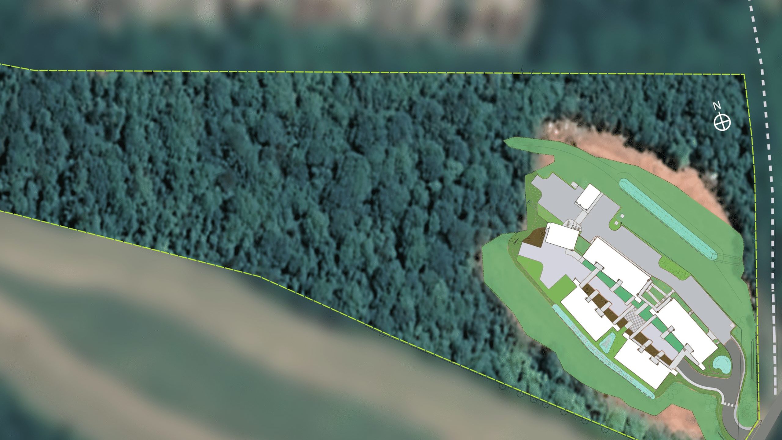 Image of the 15-acre property owned by Treehouse Village. It shows the community built on a few acres and over 10 acres of undisturbed forest which makes for a great backyard playground for the whole family.